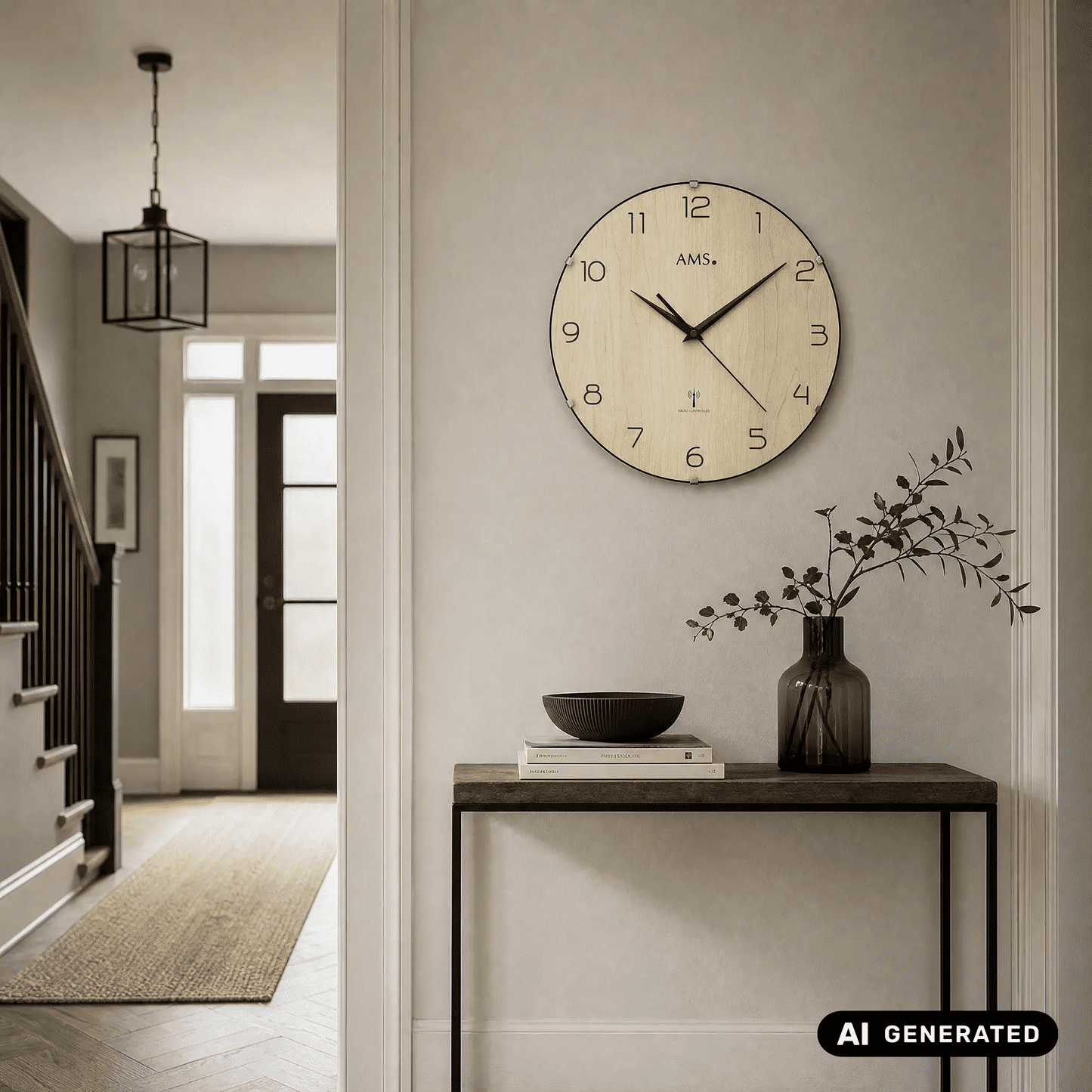 Runde Funk-Wanduhr an der Wand mit Holz-Ziffernblatt und Glasrahmen