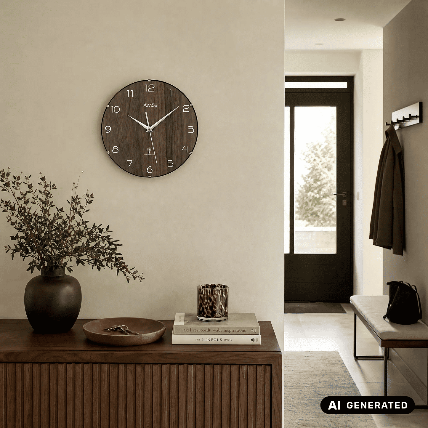 AMS Funk-Wanduhr an der Wand mit gewölbtem Glas, nussbaumfarbener Holzoptik, weißen Ziffern