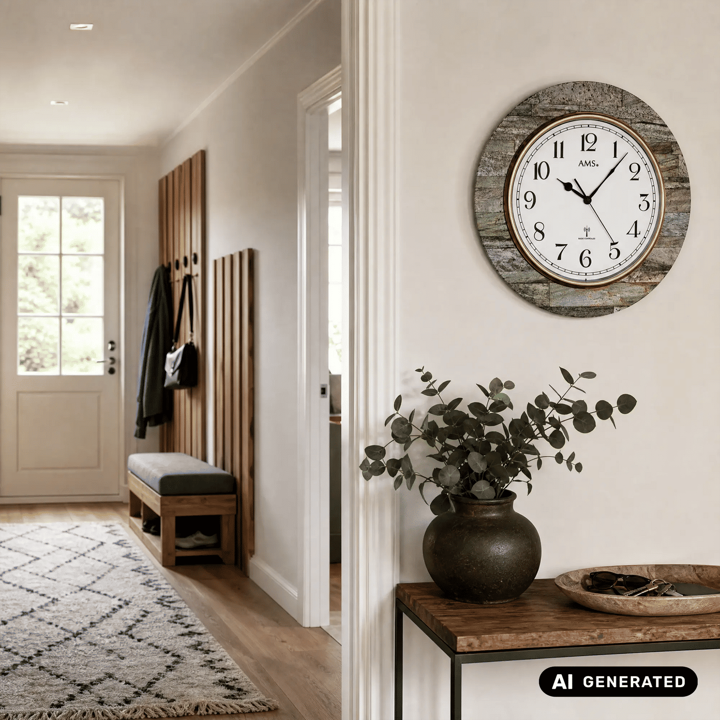 AMS Funk-Wanduhr an der Wand mit rundem Stein-Look-Rahmen und goldener Einfassung