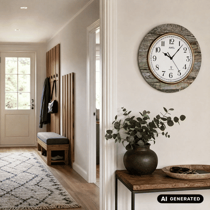 AMS Funk-Wanduhr an der Wand mit rundem Stein-Look-Rahmen und goldener Einfassung