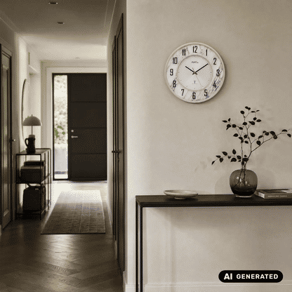 AMS Funk-Wanduhr rund mit marmorierter Einfassung, schwarzen Stundenmarken und Zeigern
