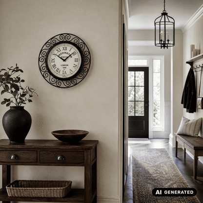 AMS Funk-Wanduhr an der Wand mit schwarzem Zierrahmen und cremefarbenem Zifferblatt