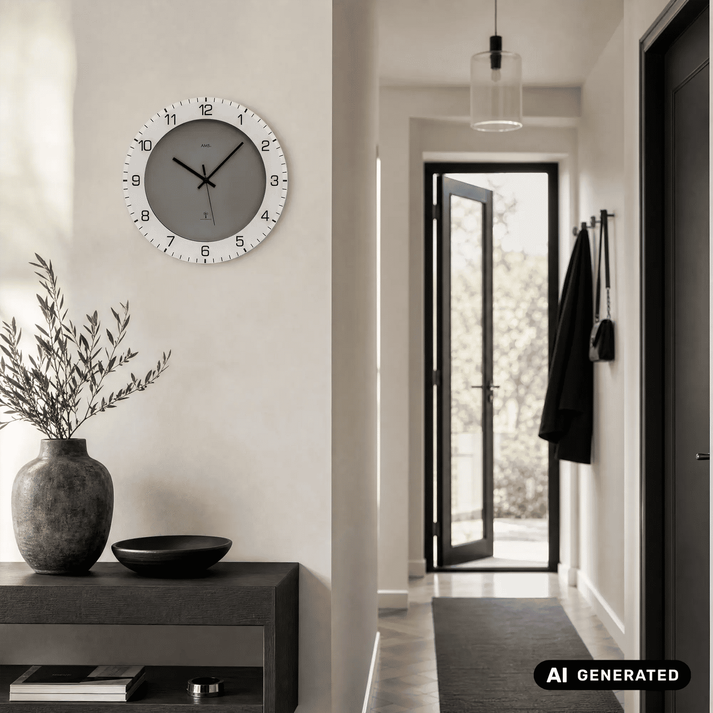 Wanduhr an der Wand: anthrazitfarbenes Zifferblatt mit weißem Ziffernring und Zeigern
