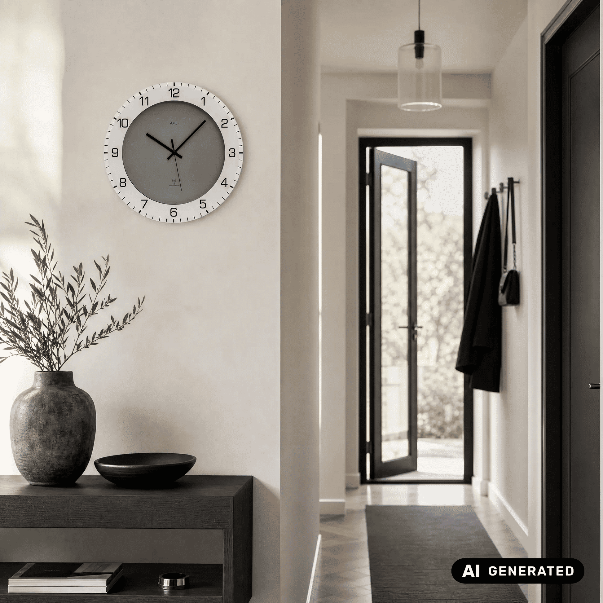 Wanduhr an der Wand: anthrazitfarbenes Zifferblatt mit weißem Ziffernring und Zeigern
