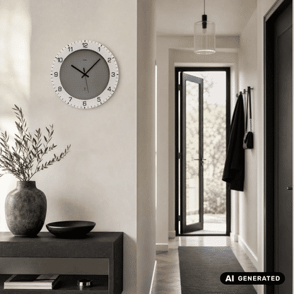 Wanduhr an der Wand: anthrazitfarbenes Zifferblatt mit weißem Ziffernring und Zeigern
