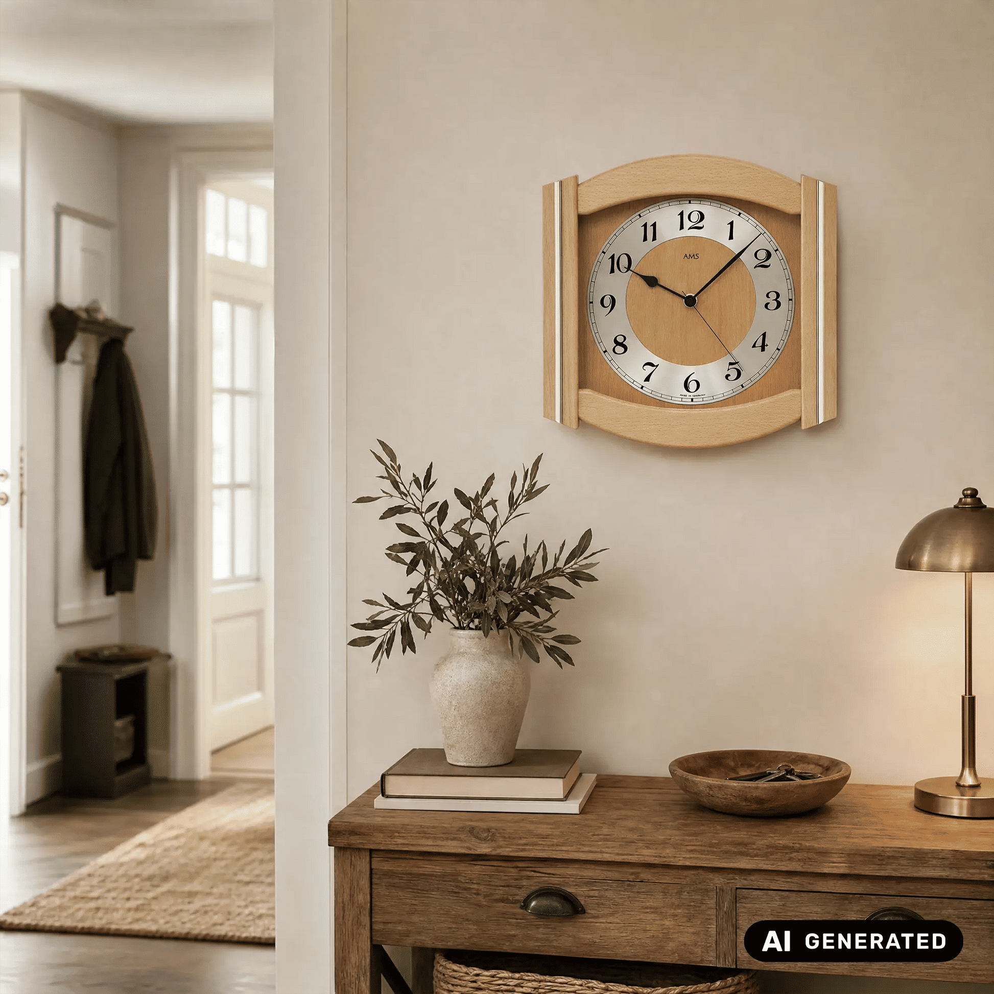 AMS Wanduhr im Holzrahmen mit Mineralglas und römischen Ziffern