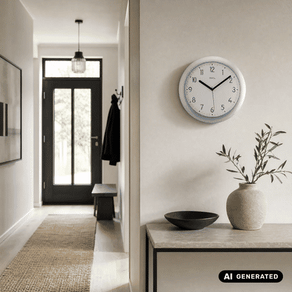 Funk-Wanduhr an der Wand, runder silberner Rahmen, weißes Zifferblatt mit schwarzen Zeigern.