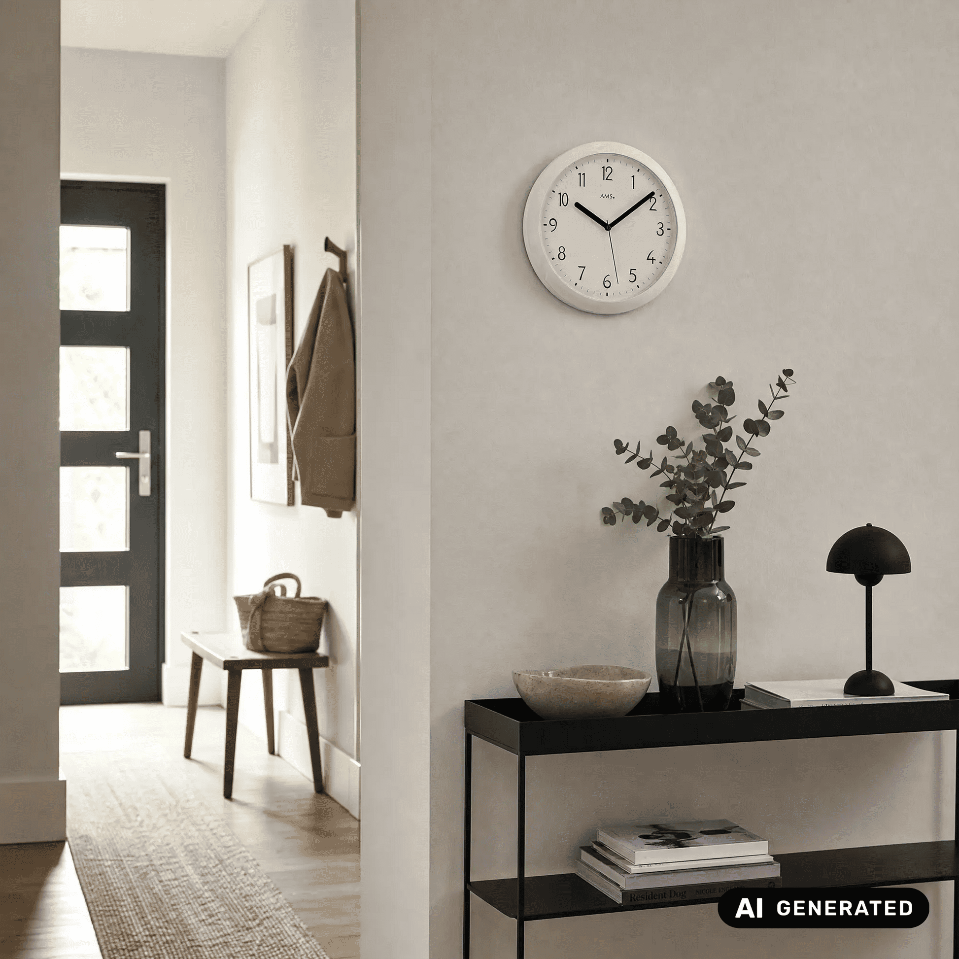 Weiße runde Wanduhr an der Wand, schwarze Zeiger, Zahlen von 1 bis 12.