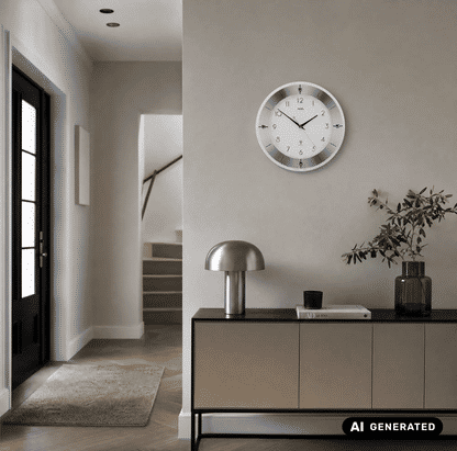Wanduhr an der Wand über Kommode, silberner Rahmen, weißes Zifferblatt, schwarze Zeiger