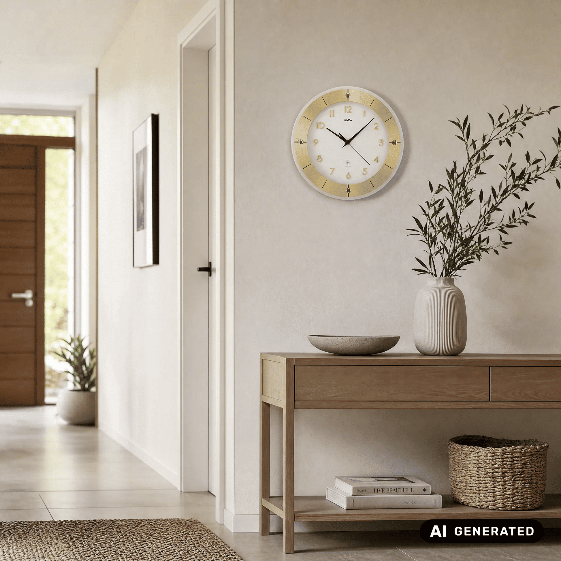 Wanduhr rund an der Wand: weißes Ziffernblatt, goldfarbener Rahmen, schwarze Zeiger