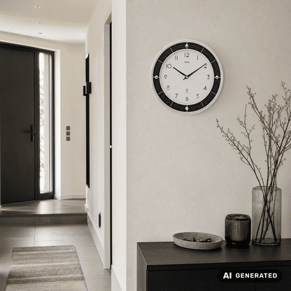 Wanduhr an heller Wand mit silbernem Rand, weißem Zifferblatt und schwarzen Zeigern