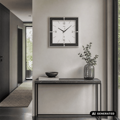 Funk-Wanduhr mit schwarzem Carbonrahmen und weißem Zifferblatt an der Wand