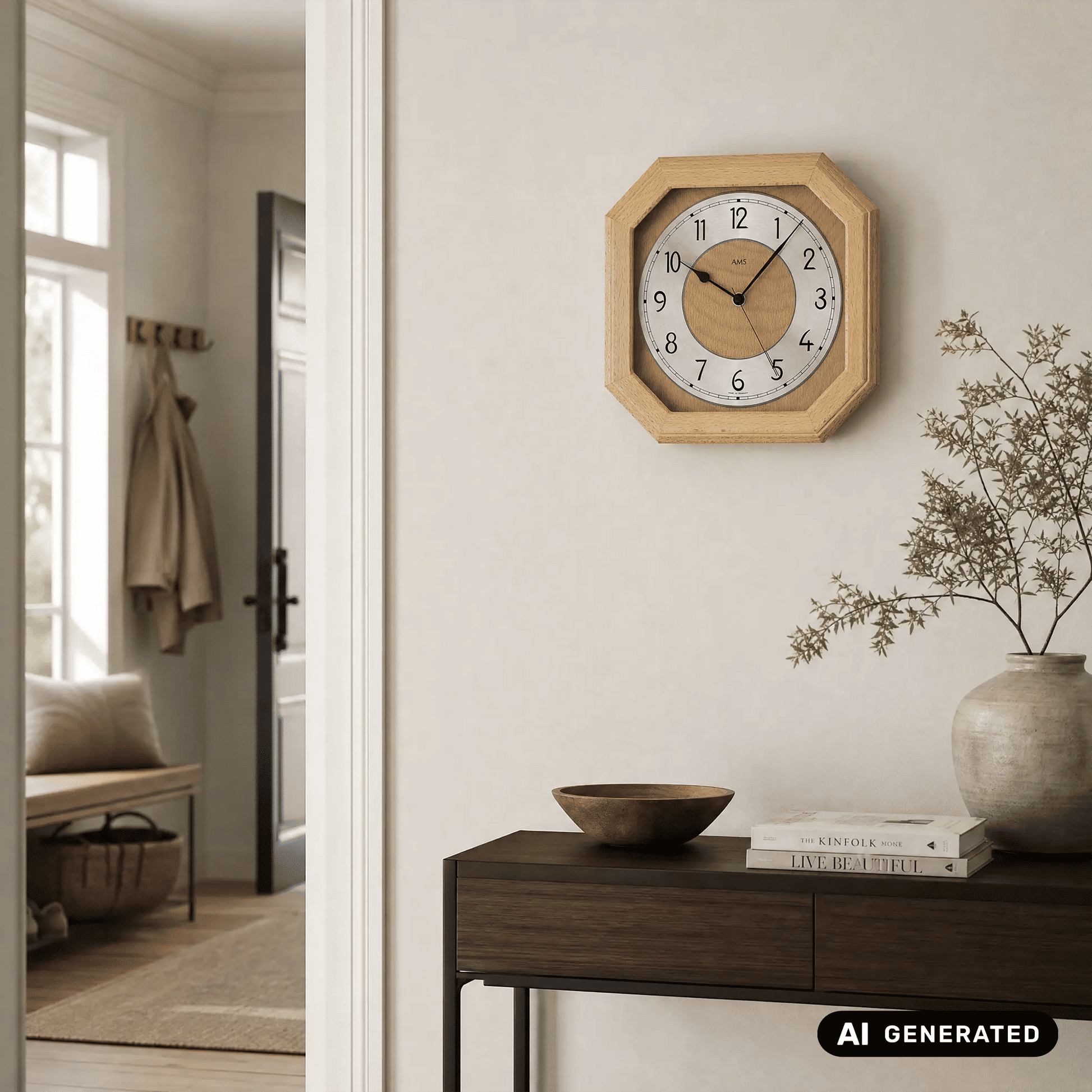Funk-Wanduhr im Holzgehäuse mit großem Aluminium-Ziffernring an der Wand