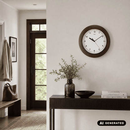 Runde Wanduhr mit nussbaumfarbenem Rahmen, weißem Zifferblatt und schwarzen Zeigern