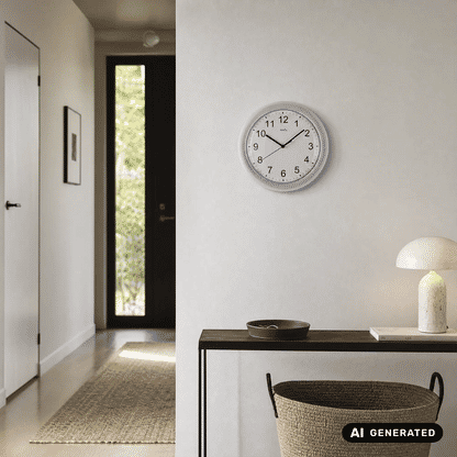 Wanduhr mit silbernem Gehäuse und weißem Zifferblatt, schwarze Ziffern und Zeiger