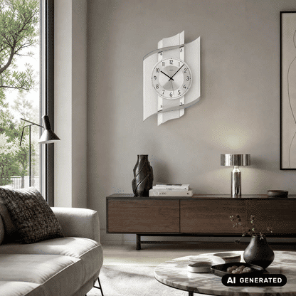 Wanduhr mit Holz- und Metallrahmen, weißem Zifferblatt und runden Zahlen