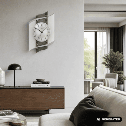 Wanduhr mit rundem Ziffernblatt, schwarzen Zeigern, Mineralglas und geschwungenem Gehäuse