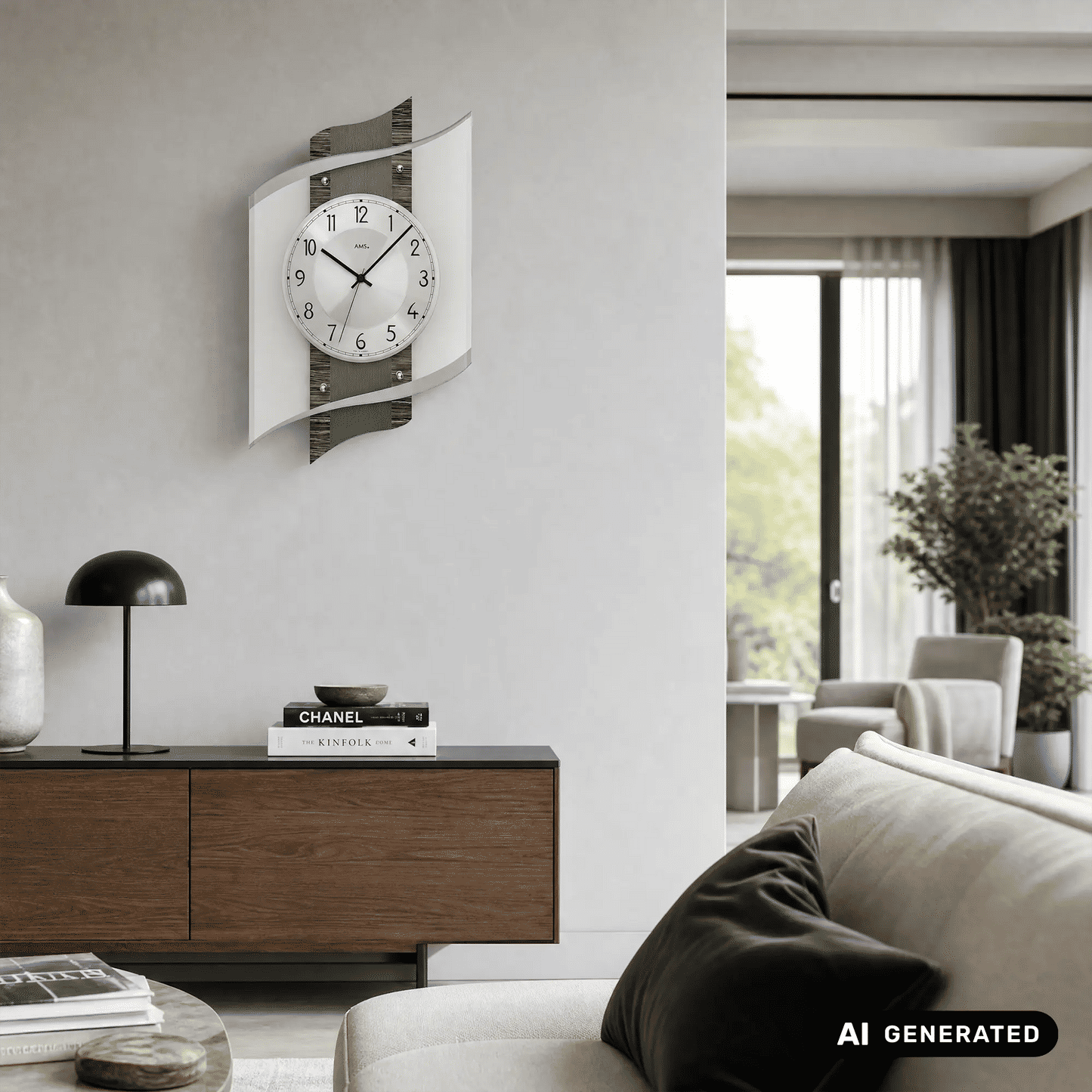 Wanduhr an der Wand mit facettiertem Mineralglas und Aluminiumzifferblatt