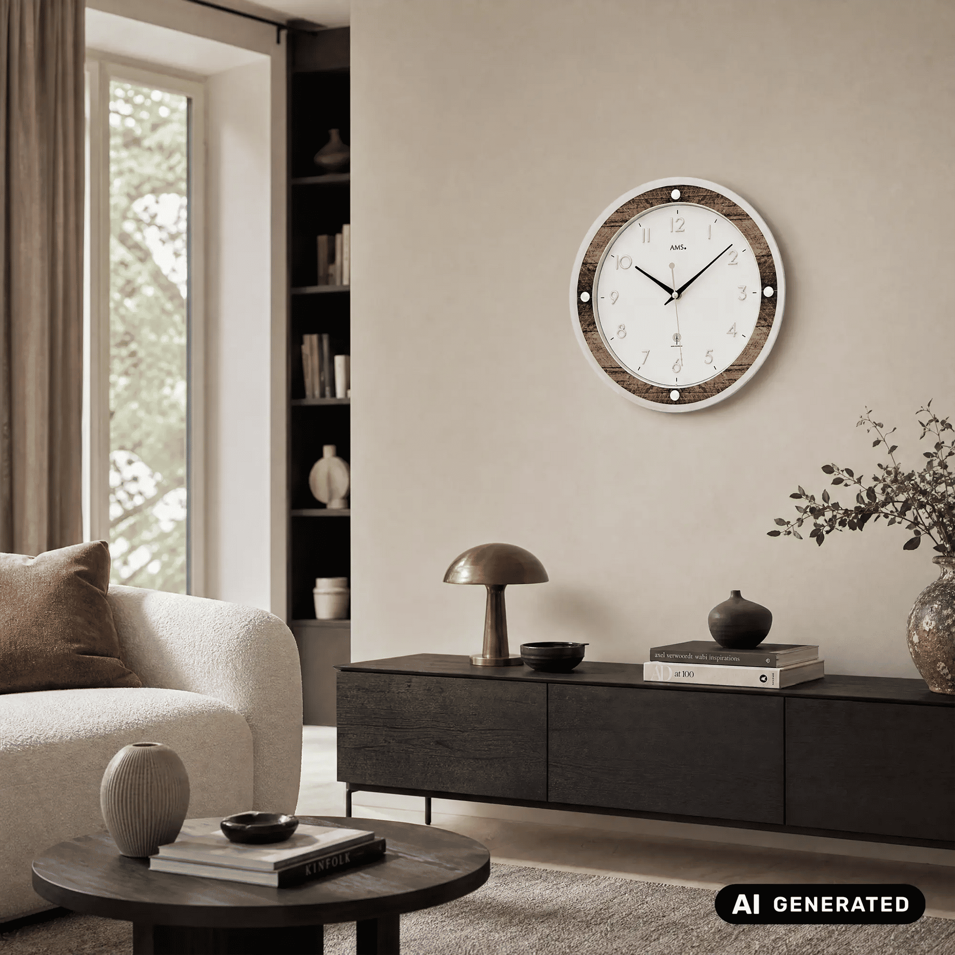 AMS Funkwerk Wanduhr an der Wand: weißes Zifferblatt mit schwarzen Zeigern und braunem Holzrand