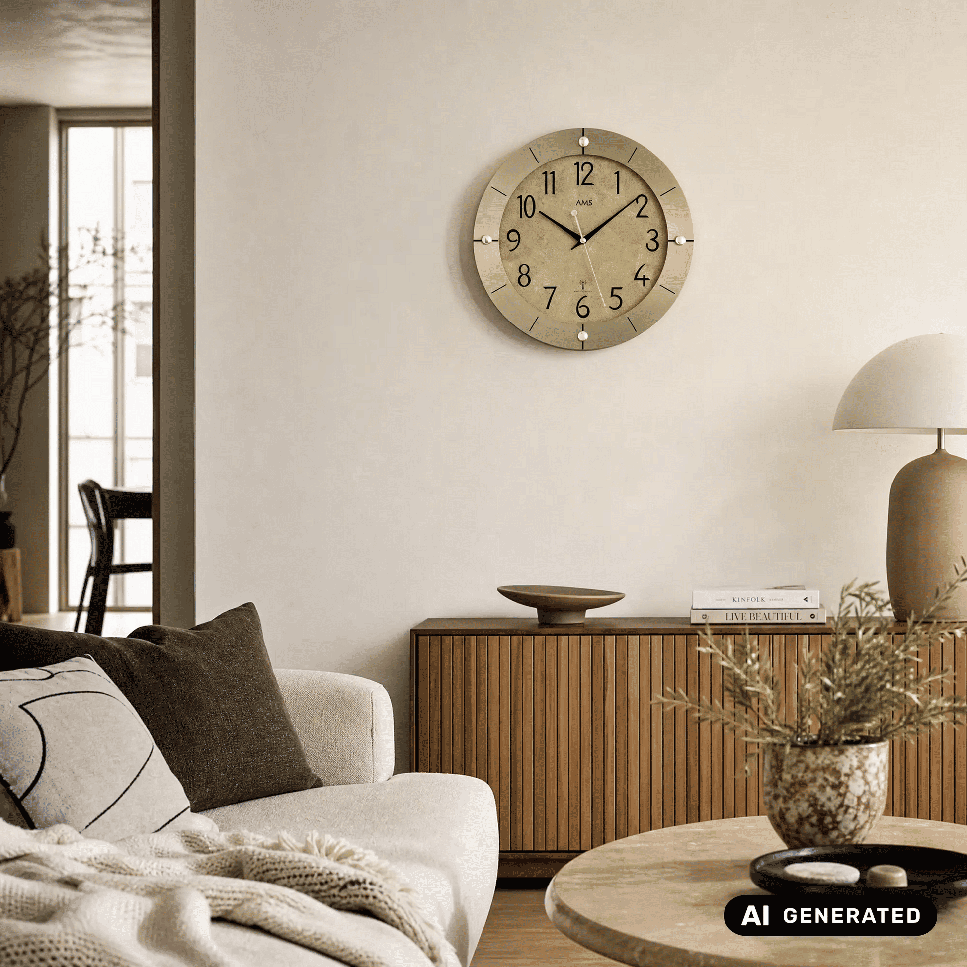AMS Funk-Wanduhr Messingantik an der Wand, rundes Gehäuse mit weißen Punkten