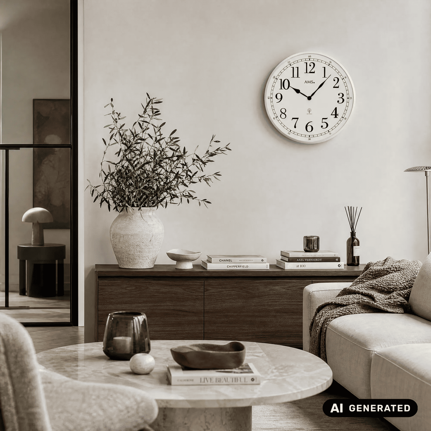 Wanduhr über Sofa: rundes Zifferblatt mit schwarzen Zeigern und AMS-Logo