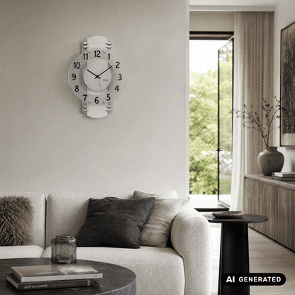 AMS Funkwanduhr an der Wand mit weißem Rahmen, grauem Zifferblatt und schwarzen Zeigern.