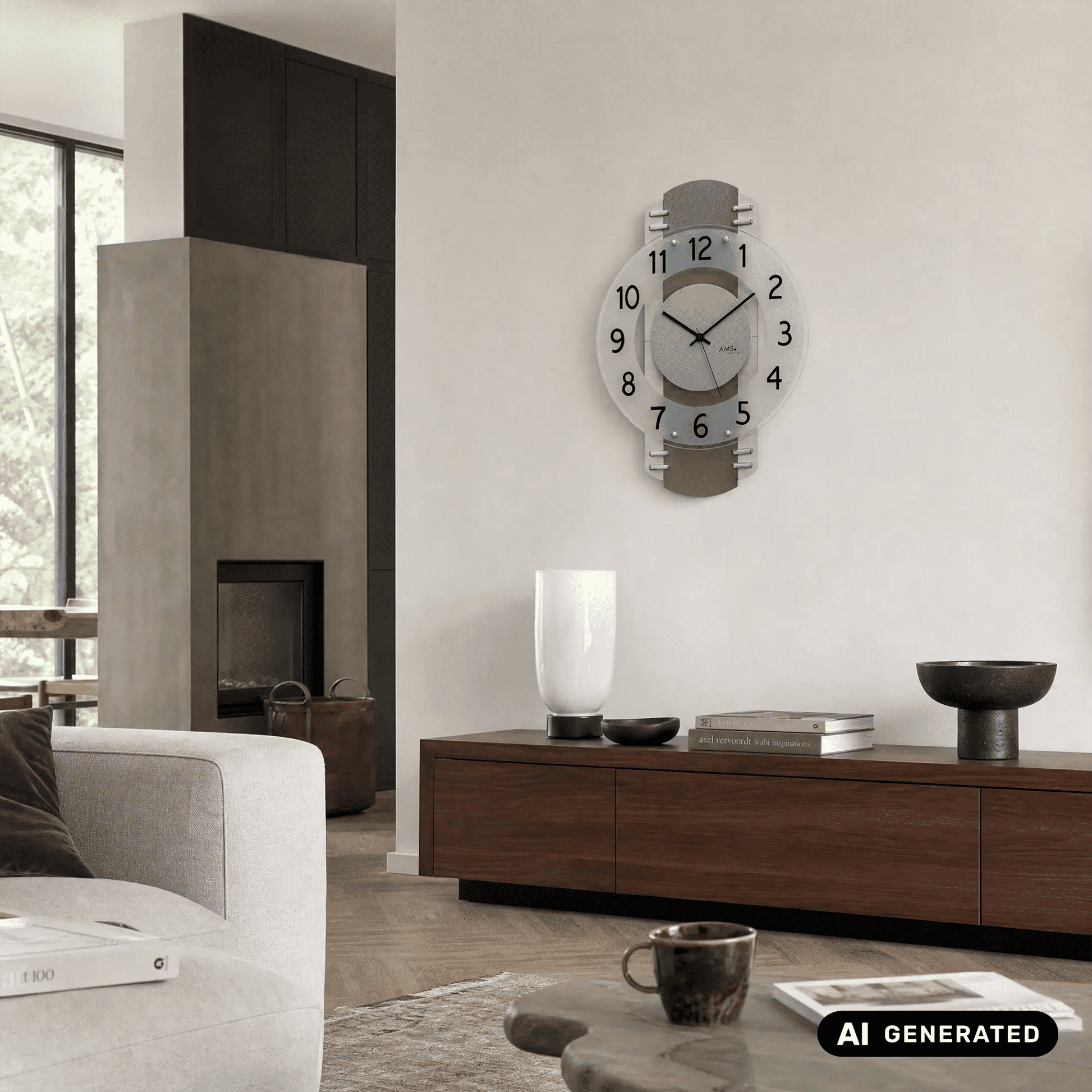 Wanduhr mit anthrazitgrauem Ziffernblatt und weißen Zahlen am weißen Außenrand