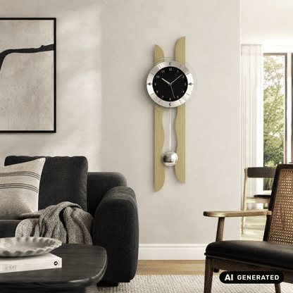Wanduhr mit schwarzem Zifferblatt und Glas-Pendel, Ahornholz auf heller Wand