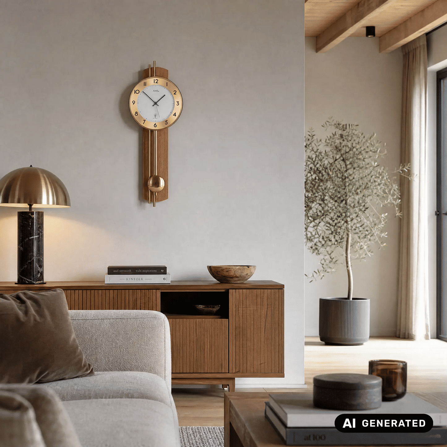 Wanduhr an der Wand mit Holzgehäuse und goldfarbenem Pendel, arabische Ziffern