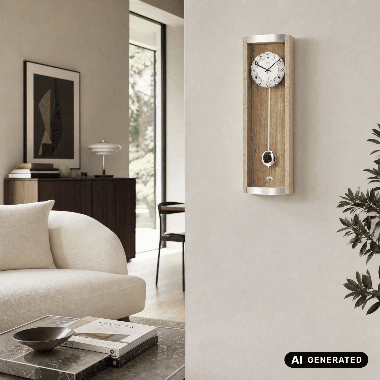 Wanduhr an Wand mit Eiche-Holzrahmen, rundem Zifferblatt und Pendelknopf