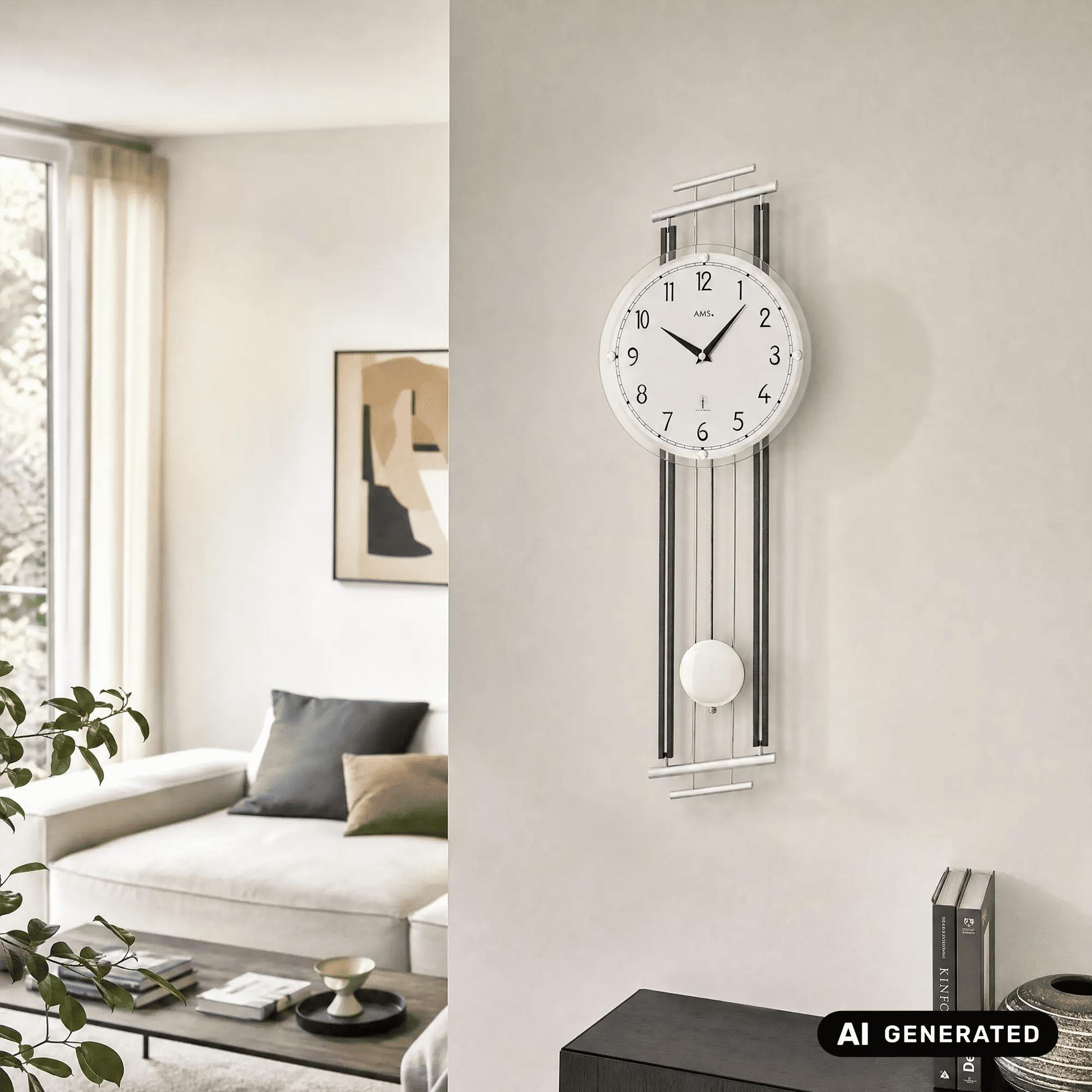 Wanduhr mit analoger Uhranzeige und Pendelkugel im Metallrahmen