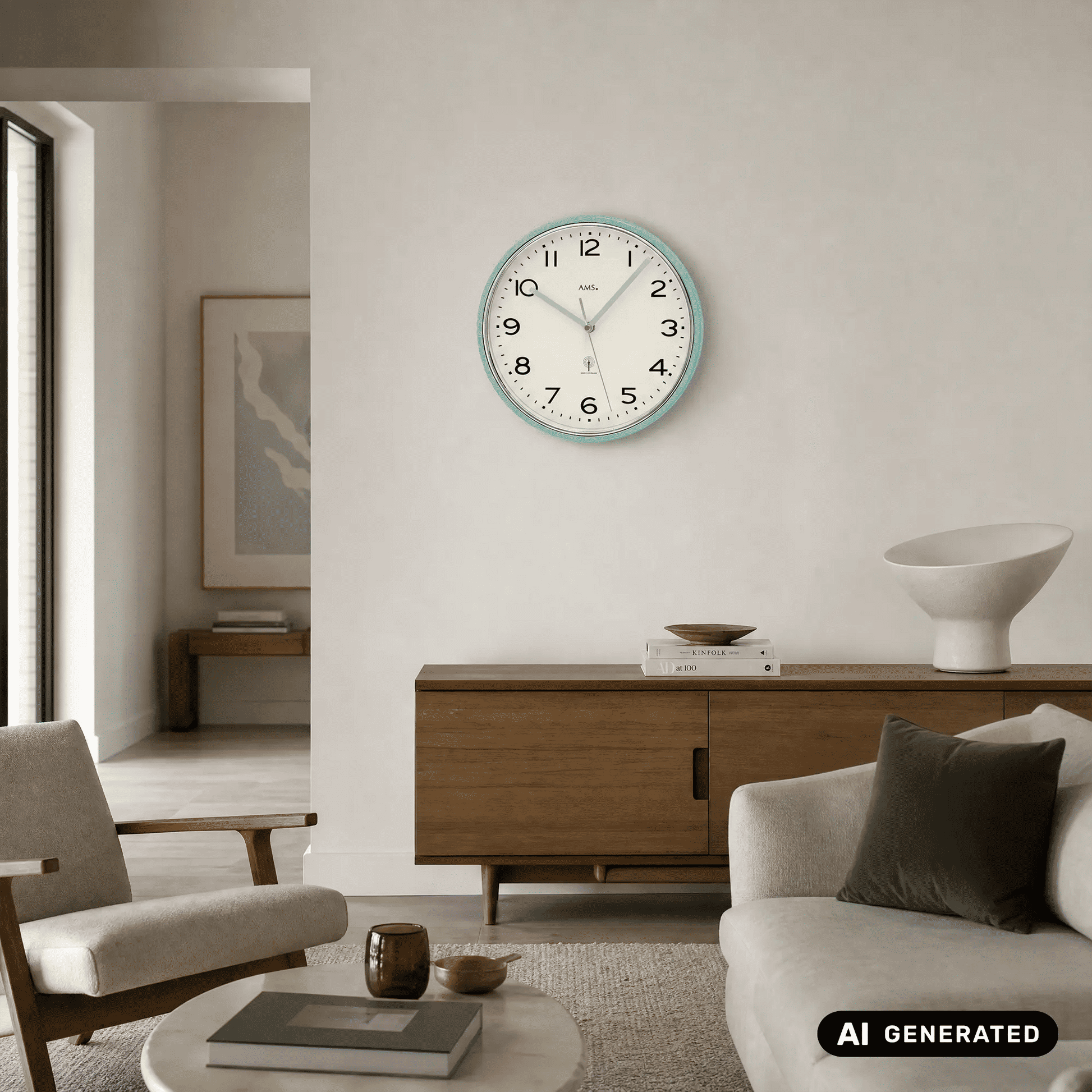 Wanduhr an der Wand mit türkisfarbenem Rahmen, weißem Zifferblatt und schwarzen Zahlen