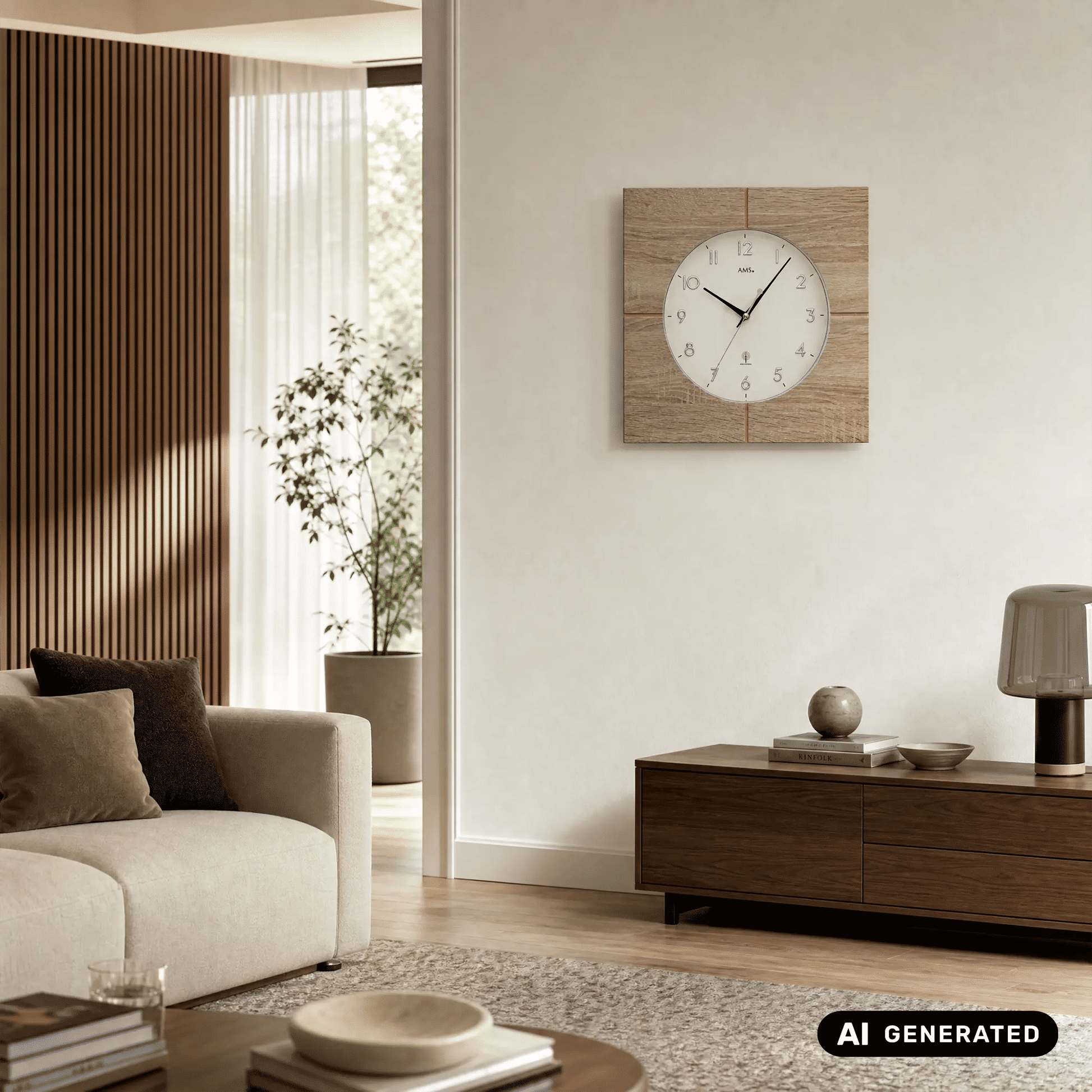 Wanduhr Sonoma-Eiche von AMS an beiger Wand über Kommode, rundes Ziffernblatt mit Markierungen