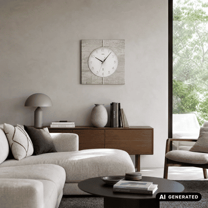 Wanduhr mit rundem weißem Zifferblatt, schwarzen Zeigern und Betonstruktur-Rahmen