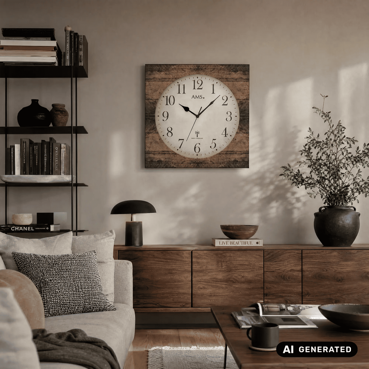 AMS Wanduhr im Wohnraum: quadratischer Holzstrukturrahmen, beige Zifferblatt, Mineralglas