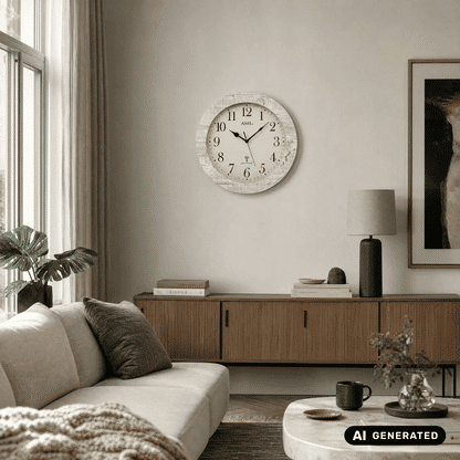 AMS Funk-Wanduhr in Grau: beiges Zifferblatt mit Ziffernkranz und schwarzen Zeigern