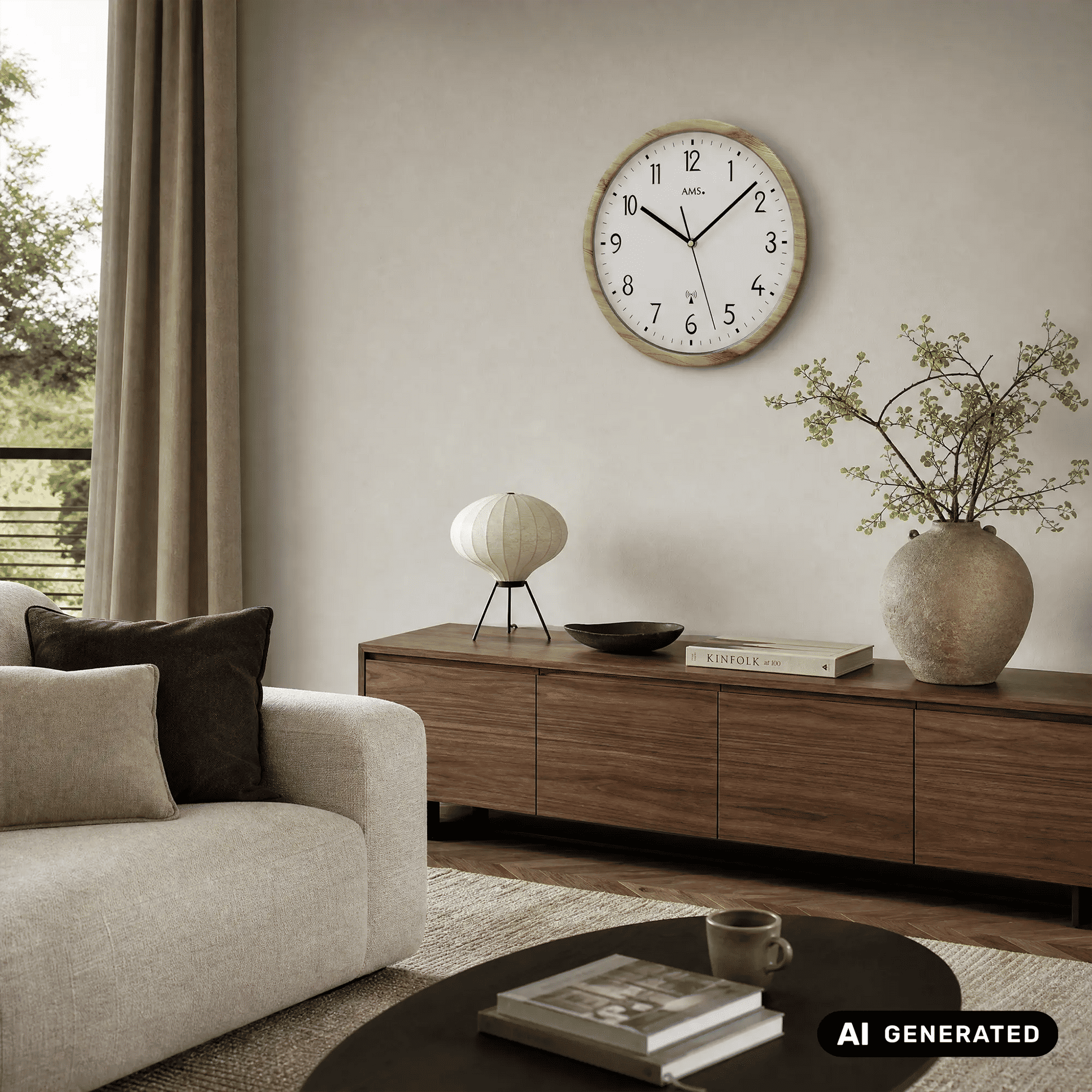 Funk-Wanduhr mit Holzoptik, rundem weißem Ziffernblatt und schwarzen Zeigern
