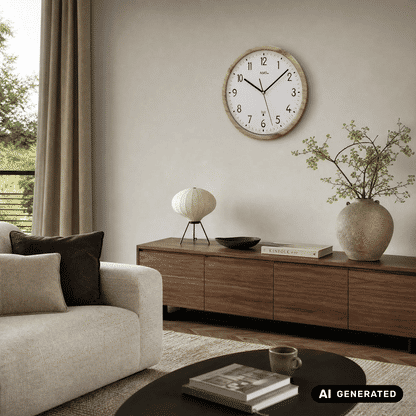Funk-Wanduhr mit Holzoptik, rundem weißem Ziffernblatt und schwarzen Zeigern