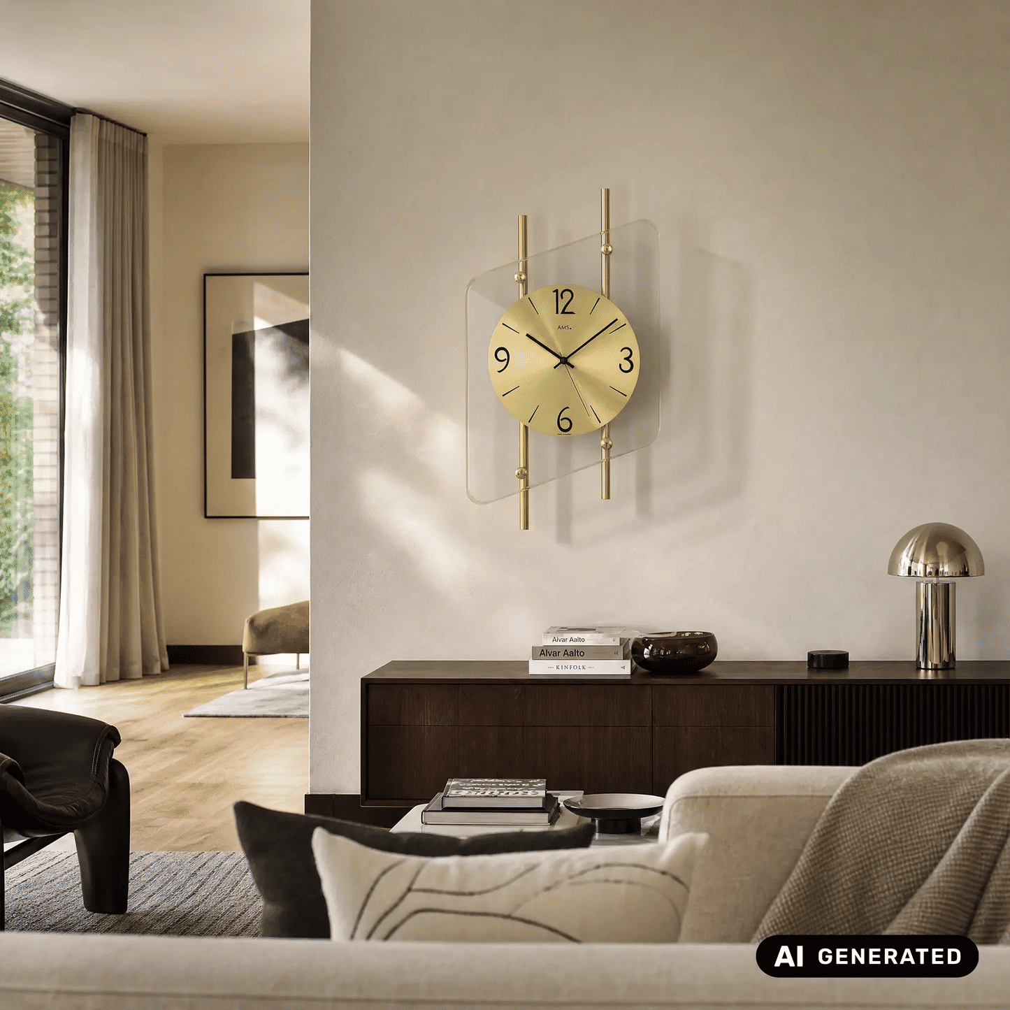 AMS Wanduhr mit rundem, gelbem Ziffernblatt, goldenen Stäben und Mineralglas