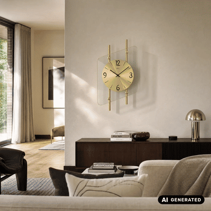 AMS Wanduhr mit rundem, gelbem Ziffernblatt, goldenen Stäben und Mineralglas