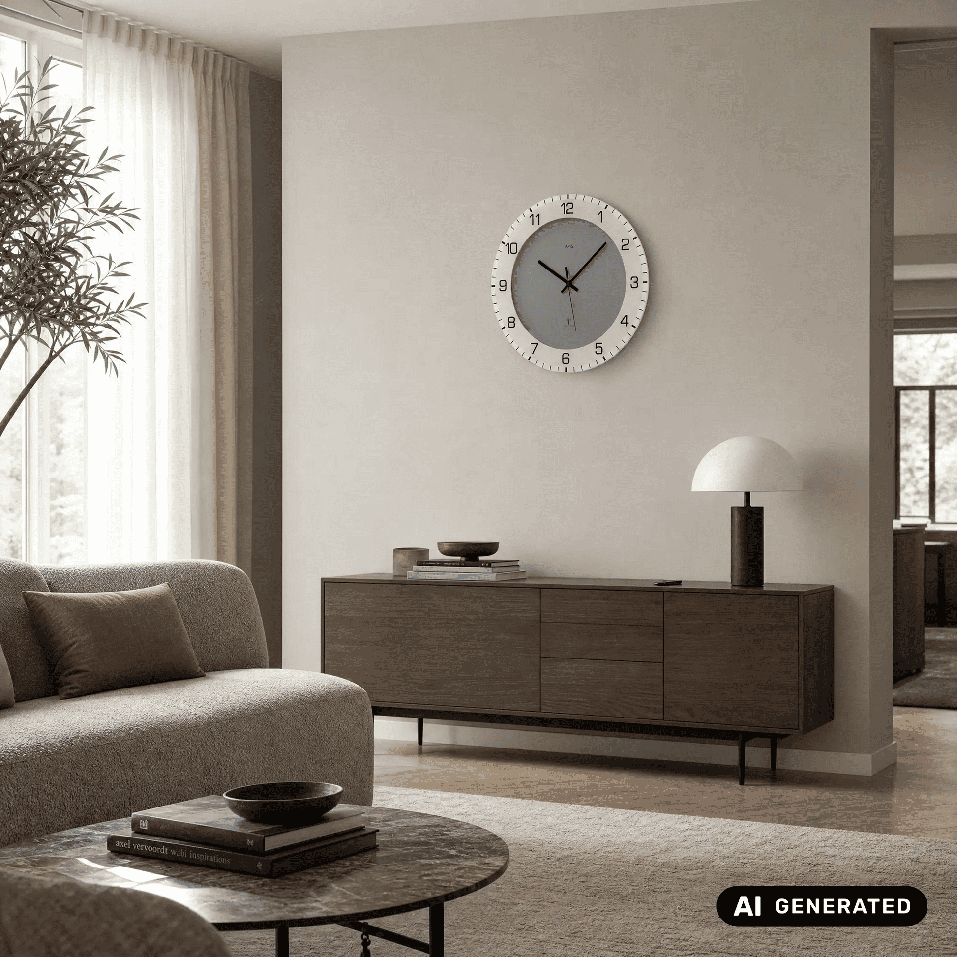 Wanduhr an der Wand über Sideboard: anthrazitfarbenes Zifferblatt, weißer Ziffernring