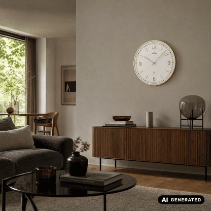 Wanduhr an der Wand mit weißem Ziffernblatt und goldfarbenem Rahmen