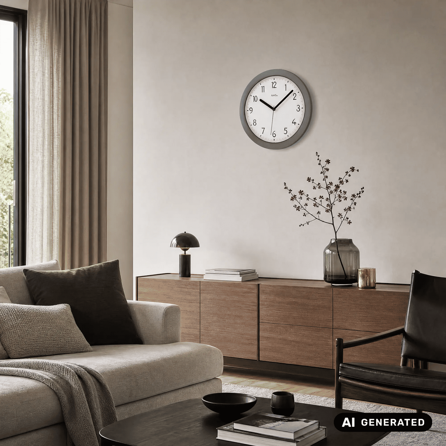 Funk-Wanduhr mit schwarzem Kunststoffgehäuse, weißem Ziffernblatt und schwarzen Zeigern