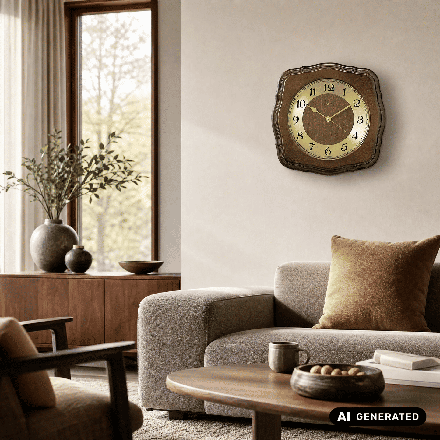 Nussbaum-Wanduhr mit analogem Ziffernblatt über dem Sofa