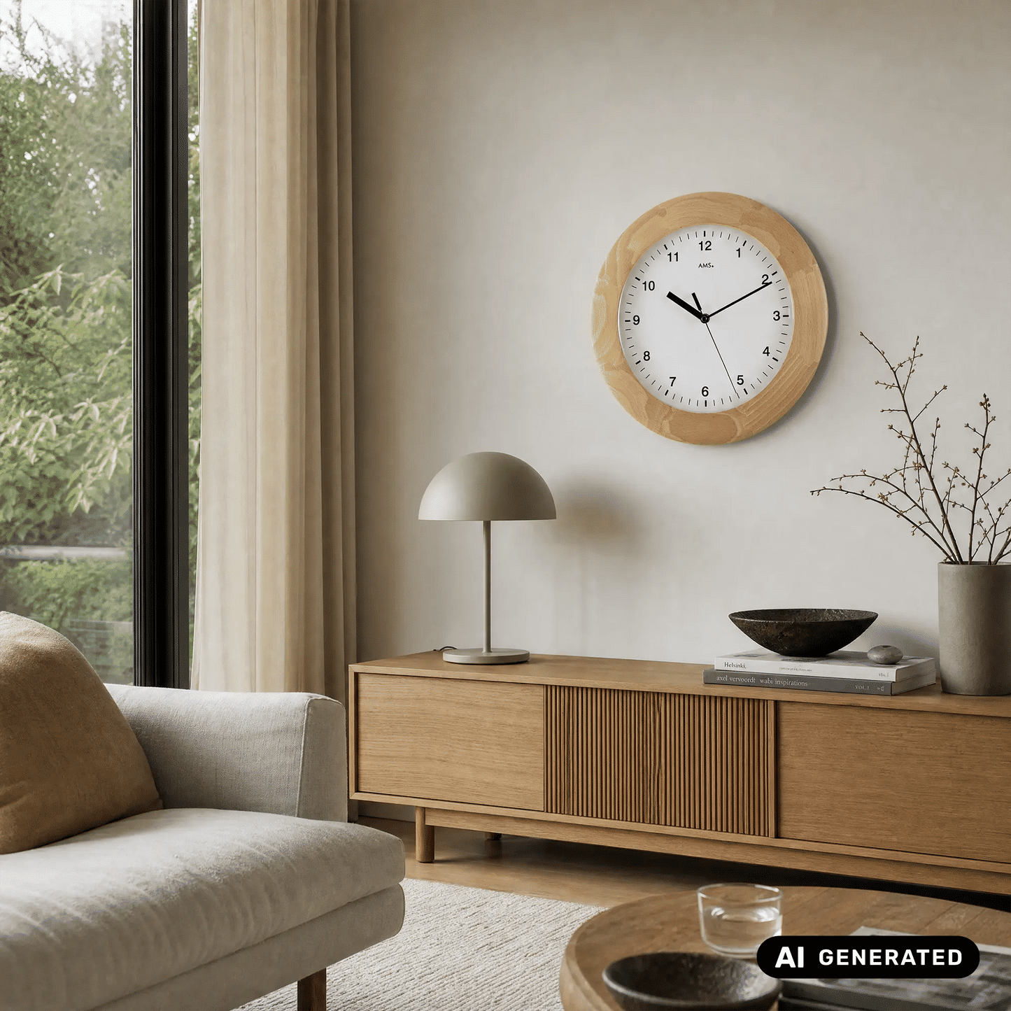 Runde Wanduhr mit Holzgehäuse und gewölbtem Glas, weißes Zifferblatt, schwarze Zeiger