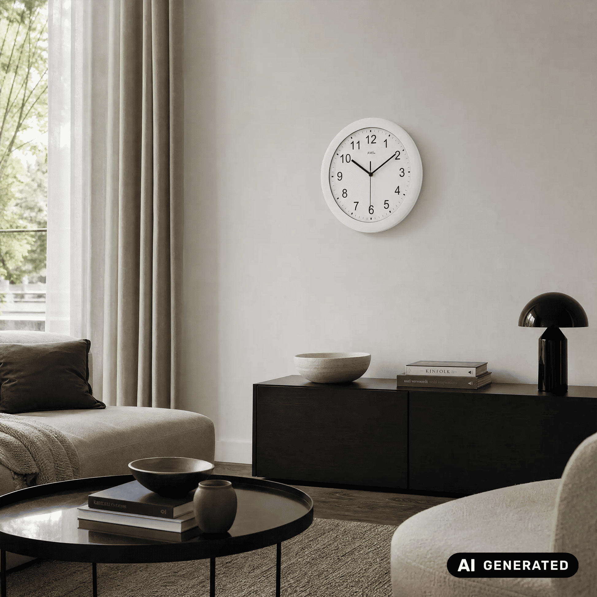 Weiße Funk-Wanduhr an der Wand mit schwarzem Ziffernblatt und gut lesbaren Ziffern