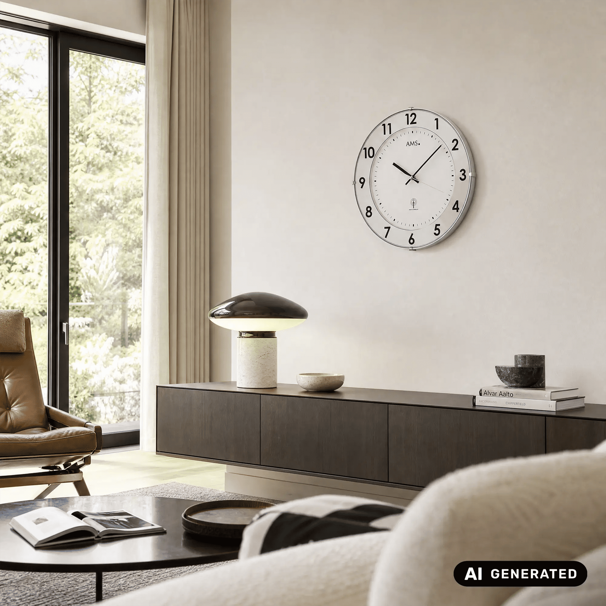 Funk-Wanduhr an der Wand mit weißem Ziffernblatt, schwarzen Zahlen und schlanken Zeigern