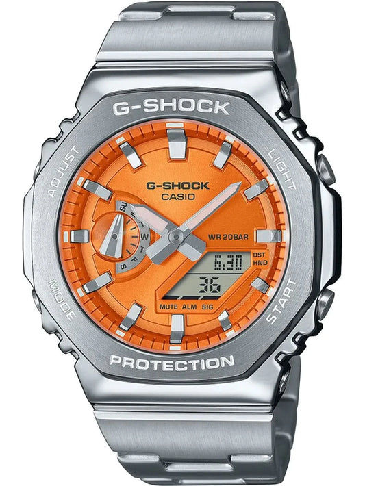 Pulsera de acero inoxidable para hombre con esfera naranja, subesferas y pantalla digital