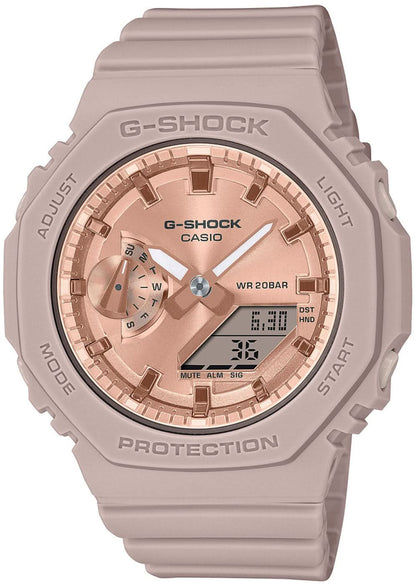 "Reloj de mujer con esfera redonda, detalles en oro rosa y correa beige"