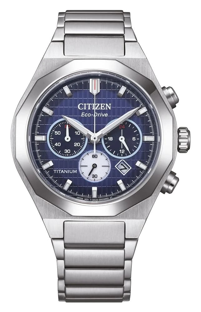 Reloj de hombre cronógrafo con esfera azul y correa de titanio.